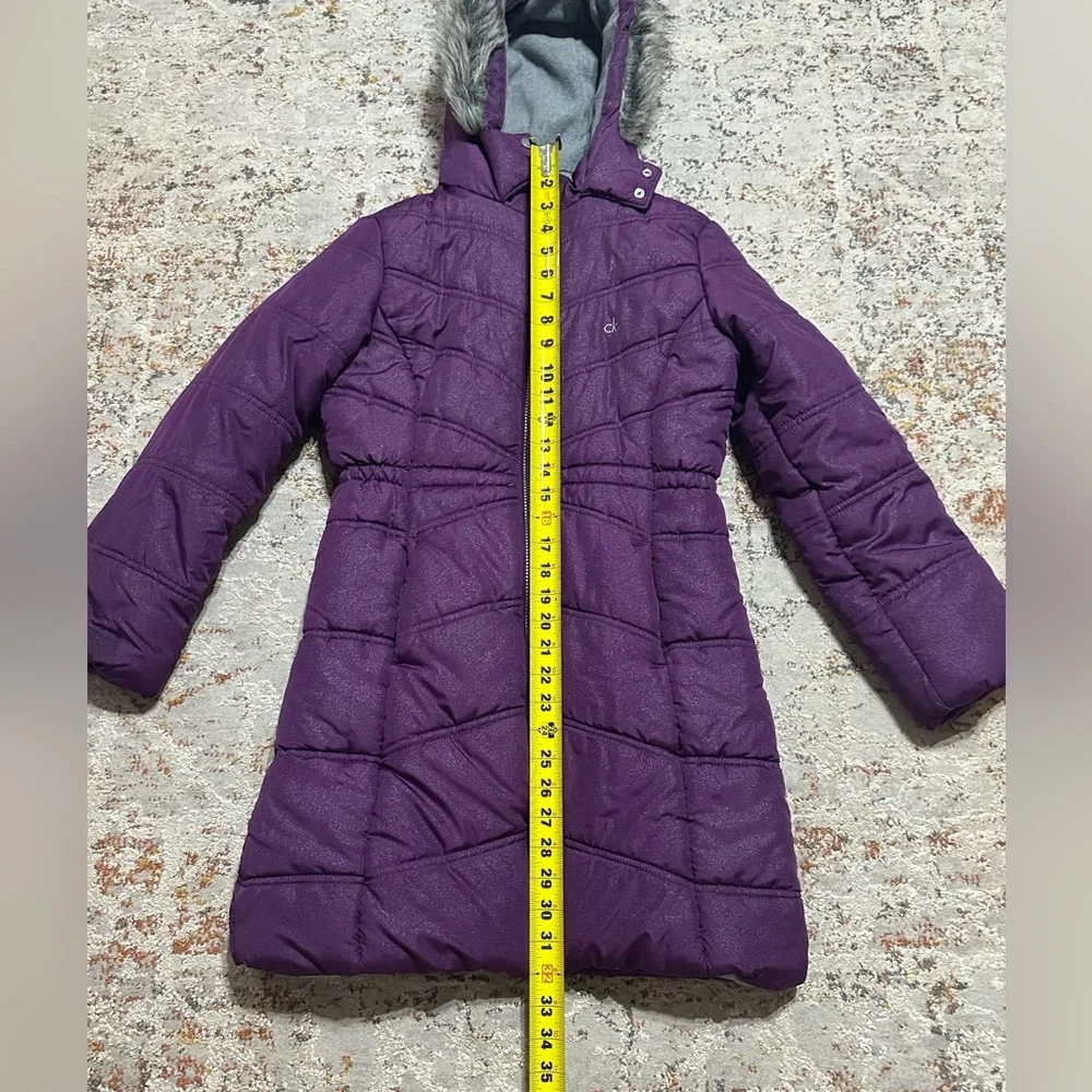 Calvin Klein Girls' Hooded Puffer Jacket purple faux fur trim hood size 12/14